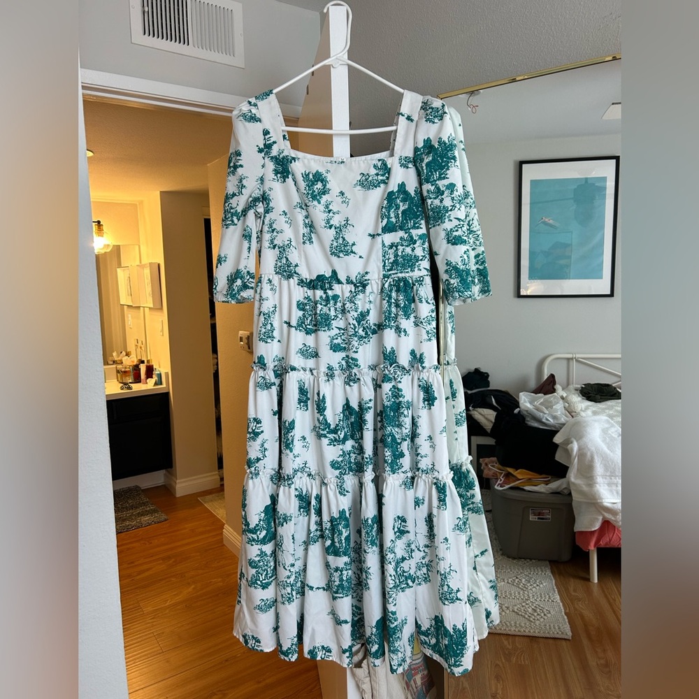 Maxi Dress White Turquoise Tiered Zip Side Size M